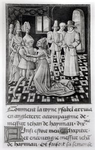 Isabella van Frankrijk, koningin van Engeland, neemt afscheid van Willem I, graaf van Henegouwen, uit Froissarts Kroniek door French School