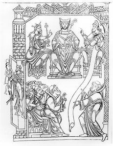 Ms 210 fol 19v. Cartularium van Mont Saint-Michel: Hertog Richard II van Normandië schenkt land en privileges aan het klooster van Mont St. Michel (gravure naar een tekening uit de jaren 1150)
