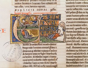 Ms 21 Fol.163v Geïllustreerde initiaal E die Jona toont die in de zee wordt gegooid, uit een ongespecificeerde bijbel