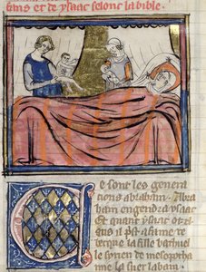 Ms 22 fol.30 De geboorte van de tweeling Jakob en Esau, miniatuur uit de Bijbel Historiale van Guiart des Moulins door French School