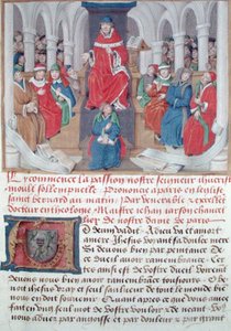Ms 230 fol.1 Jean de Gerson (1363-1429) predikt de Passie in de ochtend in de Kerk van St. Bernard in Parijs, uit Sermons sur la Passion et Traites Divers, c.1480 door French School