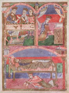 St. Radegund (518-87) aan de tafel van Clothar I (497-561), in haar oratorium en aan de voeten van het koninklijk bed, uit het Leven van St. Radegund door French School