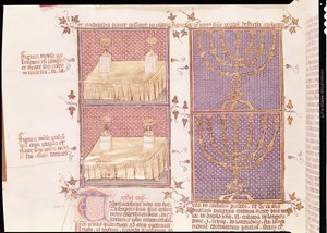 Ms 290 Tome 1 f.89v Tafel van offers en de menora, uit Postilles sur la Bible door Nicolas de Lyre