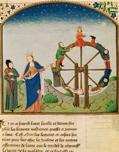 Ms 3045 fol.22v Boethius met het Rad van Fortuin, uit De Consolatione Philosophiae, vertaald door Jean de Meung door French School