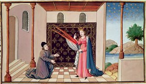 Ms 3045 fol.68v Dame Filosofie biedt Boëthius de vleugels aan die zijn geest in staat zullen stellen om omhoog te vliegen