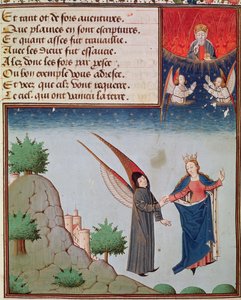 Ms 3045 fol.94r Dame Filosofie leidt Boëthius in de vlucht naar de hemel op de vleugels die zij hem heeft gegeven; God de Vader kijkt zegenend toe door French School