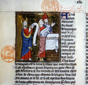 Mozes biedt het Paaslam aan, miniatuur uit de Bijbel Historiale van Guyart des Moulins door French School