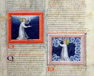God scheidt het licht van de duisternis (links) en creëert het firmament (rechts), uit de Bijbel des Grands Augustins, 1494
