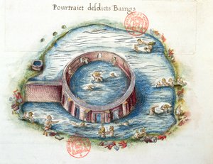 Ms 3242 De baden van Bourbon-Lancy, illustratie uit Generale Description du Bourbonnais door Nicolas de Nicolay, 1569