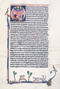 Ms 3458, gehistorieerde initiaal O die de oude Griekse filosoof Aristoteles afbeeldt, die een groep geestelijken uit West-Europa onderwijst en naar God in de hemel wijst