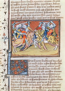 Ms 3479 t.1 fol.539 Wanneer de paarden botsen, uit het Livre de Messire Lancelot du Lac door French School
