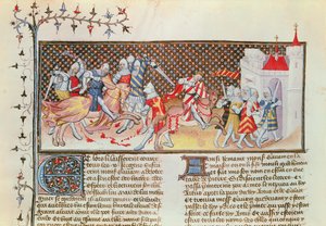Scène van ridders die vechten, uit het Livre de Messire Lancelot du Lac door French School