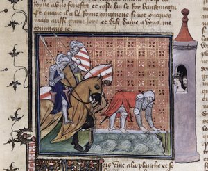 Ms 3480 fol.77 Lancelot oversteekt de Zwaardbrug, uit het Livre de Messire Lancelot du Lac door French School