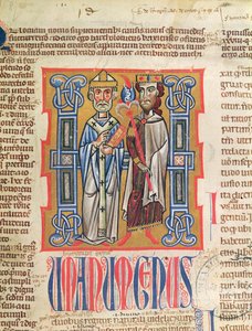 Ms 354 fol.9 Miniatuur van een bisschop en koning uit het Decretum Gratiani, 14e eeuw