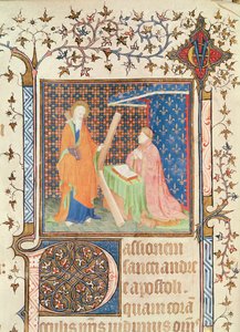 Ms 35 fol.17v Jean de France (1340-1416) Hertog van Berry bidt voor St. Andreas, uit het Lectionarium van Sainte-Chapelle de Bourges, ca. 1404-10 door French School