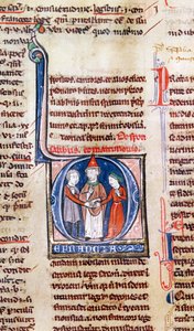 Ms 365 fol.318v Geïllustreerde initiaal D die een huwelijk uitbeeldt, uit de Decretalen van Gregorius IX door French School