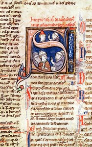 Ms 365 fol.350 Geïllustreerde initiaal S die paus Gregorius IX met bisschoppen en abten uitbeeldt, uit de Decretalen van Gregorius IX door French School