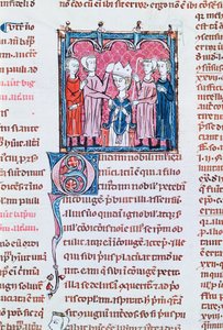 Ms 372 fol.158v Inhuldiging van een bisschop, uit Decreten van Gratianus