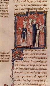 Ms 372 fol.59v Een non die haar geloften aflegt en een mis uitgevoerd door een bisschop, uit Decreten van Gratianus door French School
