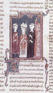 Ms 373 fol.51v Een monnik, een bisschop en een abt, uit Decreten van Gratien door French School