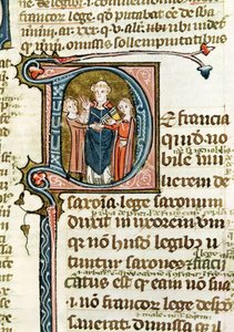 Ms 376 f.320 Geïllustreerde initiaal D die een priester toont die een huwelijk zegent, uit Les Gregoriennes