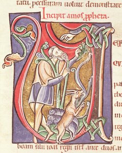Versierde initiaal V met Amos, uit de Bijbel de Saint-Sulpice de Bourges door French School