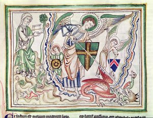 Ms 422 fol.47v St. Michael doodt de draak, uit een Apocalyps door French School