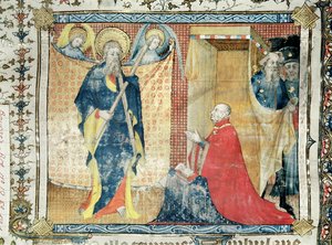 Ms 48 fol.181 Jean de France (1340-1416) Hertog van Berry biddend voor St. Andreas, uit het Lectionnaire de la Sainte-Chapelle de Bourges, c.1404-10