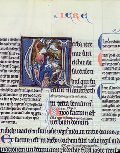 Ms 48 fol.95v Geïllustreerde initiaal V die de steniging van de profeet Jeremia afbeeldt door French School