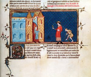 Ms 5080 fol.373r Twee melaatsen bedelend, uit Le Miroir Historial, door Vincent de Beauvais