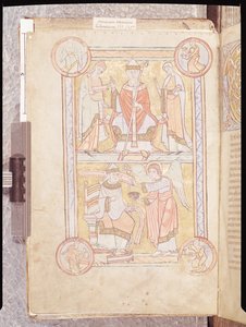 St. Gregorius de Grote (ca.540-604) tussen zijn vader Gordien en zijn moeder Silvia en een verdronken man als een engel, uit Liber Pastoralis door French School
