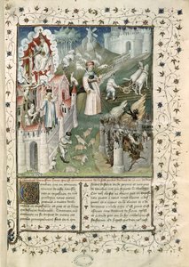 Ms 55 t.2 fol.3 De Stad van God, de Stad van Caen en de Stad van Ondeugden, uit La Cite de Dieu van St. Augustinus van Hippo (354-430) vertaald door Raoul de Preles (1316-82) door French School