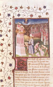Ms 55 t f.111v Nimrod houdt toezicht op de bouw van de Toren van Babel, uit La Cité de Dieu door St. Augustinus, vertaald door Raoul de Presles (1316-82) ca.1400-50