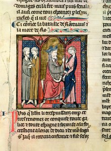 Ms 782 f.152r Karel de Grote (742-814) stuurt Ganelon naar de Saragossaanse koningen, Marsile en Baligant, uit de Chroniques de Saint-Denis, ca. 1275 door French School