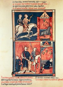 Een hertenjacht en een koning, mogelijk Dagobert I (632-39) op zijn troon, uit het Leven en Wonderen van St. Denis door French School