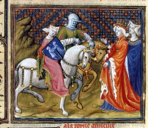 Ms Fr. 120 De Dame van het Meer Ontmoet Guinevere, uit Het Verhaal van Lancelot in La Quite de Saint Graal door French School