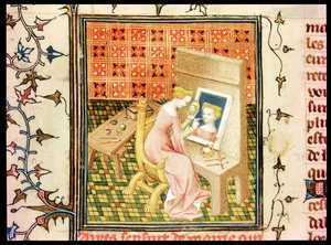 Sint Marcia (gest.632) schildert een zelfportret, uit De Claris Mulieribus, door Giovanni Boccaccio (1313-75)
