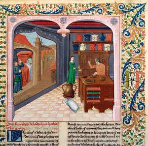 Een patiënt in zijn bed en een apotheker die medicijnen bereidt, uit Le Livre des Proprietes des Choses door Barthelemy l