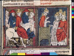 Ms Fr 22495 Fol.15 Het Concilie van Clermont en de aankomst van paus Urbanus II (ca.1035-99) in Frankrijk, uit Le Roman de Godefroi de Bouillon, 1337 door French School