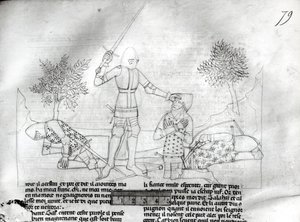 Ms Fr 343 f.79 Een ridder bewapenen op een slagveld, uit Lancelot du Lac door French School