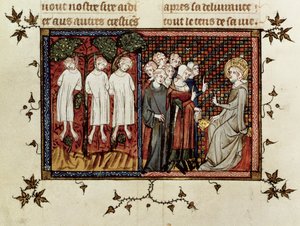 Ms Fr. 5716 fol.246 St. Louis spreekt recht en veroordeelt Enguerrand de Coucy (1228-1311) voor het ophangen van drie jonge edelen, uit Leven en Wonderen van St. Louis, c.1330-40 door French School