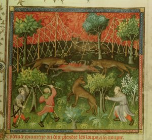 Ms Fr 616 fol.111 Wolvenjacht met behulp van netten, uit het Livre de la Chasse door Gaston Phebus de Foix (1331-91) door French School