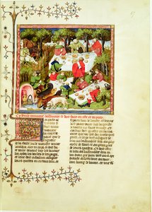 Jagers die feestvieren voor de hertenjacht, uit Livre de la Chasse door Gaston Phebus de Foix (1331-1391) door French School
