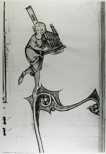 Muzikant die een draagbaar orgel bespeelt, uit de Geschiedenis van Merlin, c.1280-90 door French School