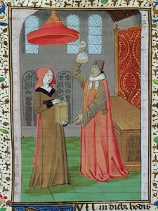 Ms H 7 fol.164r Een dokter onderzoekt de urine van St. Elizabeth om te zien of ze zwanger is, uit de Bijbel van Jean XXII