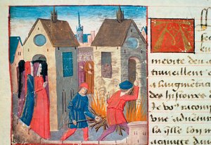Ms Hunter 252 f.75v Brandend huis, uit Les Cent Nouvelles Nouvelles, 1462 door French School