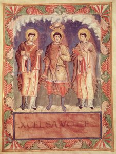 De kroning van Karel II (823-877) met de aartsbisschoppen van Reims en Trier, uit het Sacrementaire de Metz