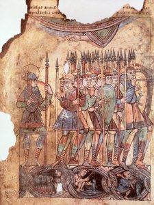 Ms Lat 1390 fol.7v Voetsoldaten in de Kruistochten, uit La Vie de Saint Aubin d