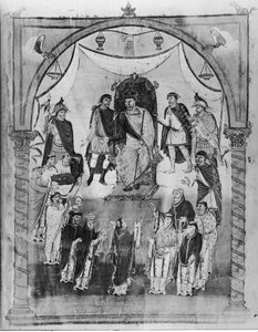 Koning Karel II (823-877) ontvangt een Bijbel van Graaf Vivian en de monniken van Saint-Martin de Tours, uit de Eerste Bijbel van Karel de Kale, ca.843-51 door French School