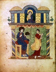 Ms Lat 8878 fol.1v Jezus presenteert het evangelie aan St. Matteüs, uit een Commentaar op de Apocalyps door de Asturische monnik Beatus van Liebana (c.776) c.1028-72 (perkament)